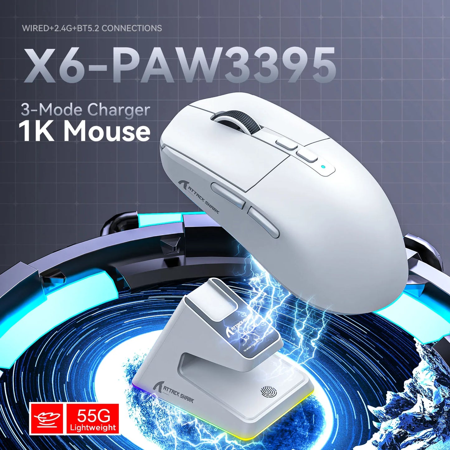 X6 PAW3395 Bluetooth Mouse , Tri-Mode Connection, RGB Touch Magnetic Charging Base, Macro Gaming Mouse