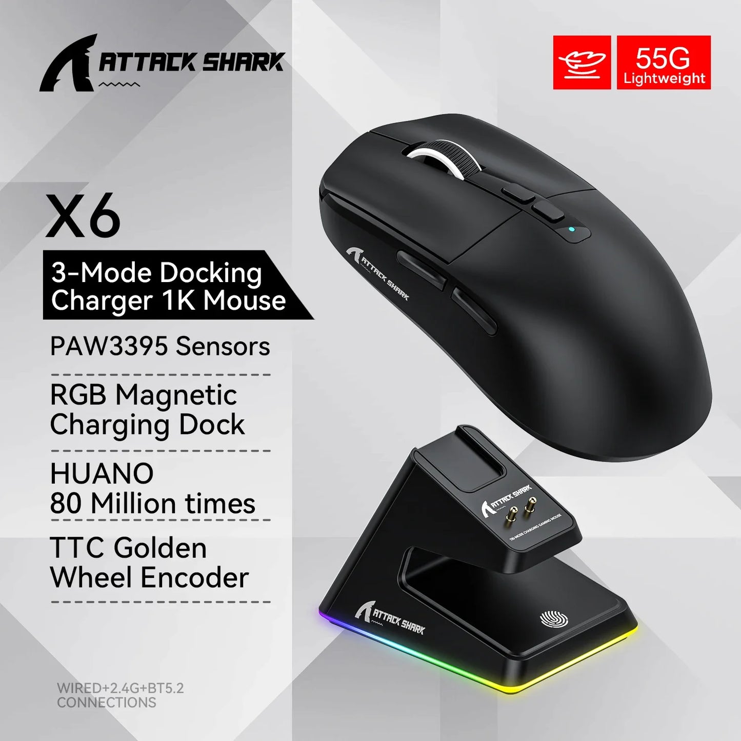 X6 PAW3395 Bluetooth Mouse , Tri-Mode Connection, RGB Touch Magnetic Charging Base, Macro Gaming Mouse