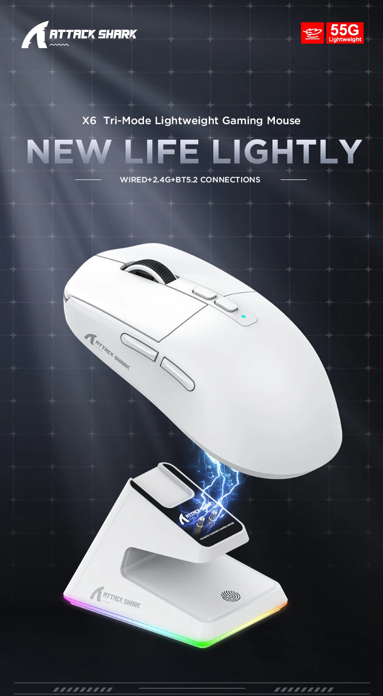 X6 PAW3395 Bluetooth Mouse , Tri-Mode Connection, RGB Touch Magnetic Charging Base, Macro Gaming Mouse