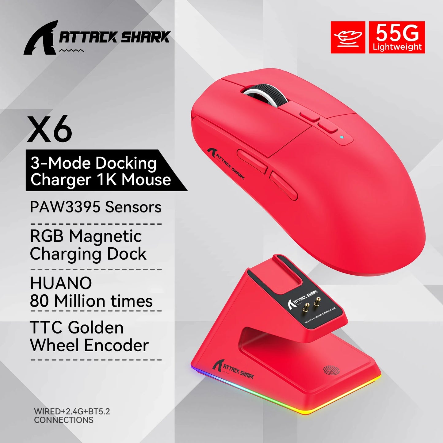 X6 PAW3395 Bluetooth Mouse , Tri-Mode Connection, RGB Touch Magnetic Charging Base, Macro Gaming Mouse