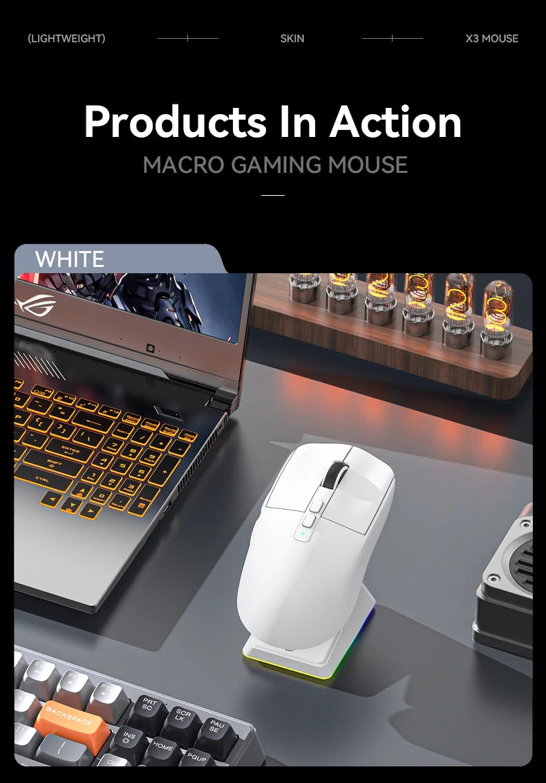 X6 PAW3395 Bluetooth Mouse , Tri-Mode Connection, RGB Touch Magnetic Charging Base, Macro Gaming Mouse