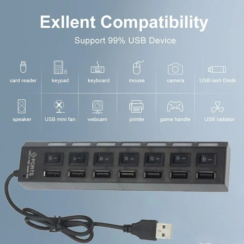 Switch Extension Hub 7-port USB2.0 Hub Computer USB Extension Hub One Drag Seven USB2.0 Splitter PC Laptop Desktop