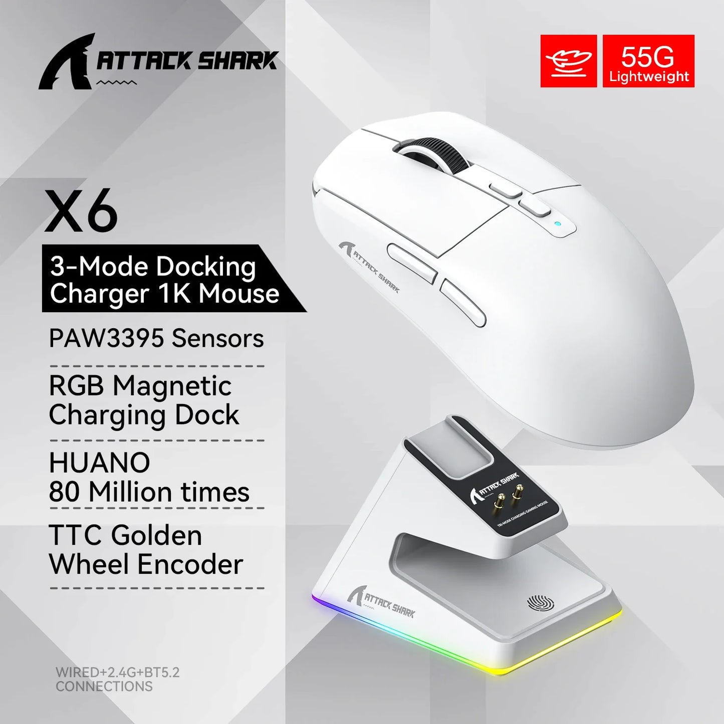 X6 PAW3395 Bluetooth Mouse , Tri-Mode Connection, RGB Touch Magnetic Charging Base, Macro Gaming Mouse