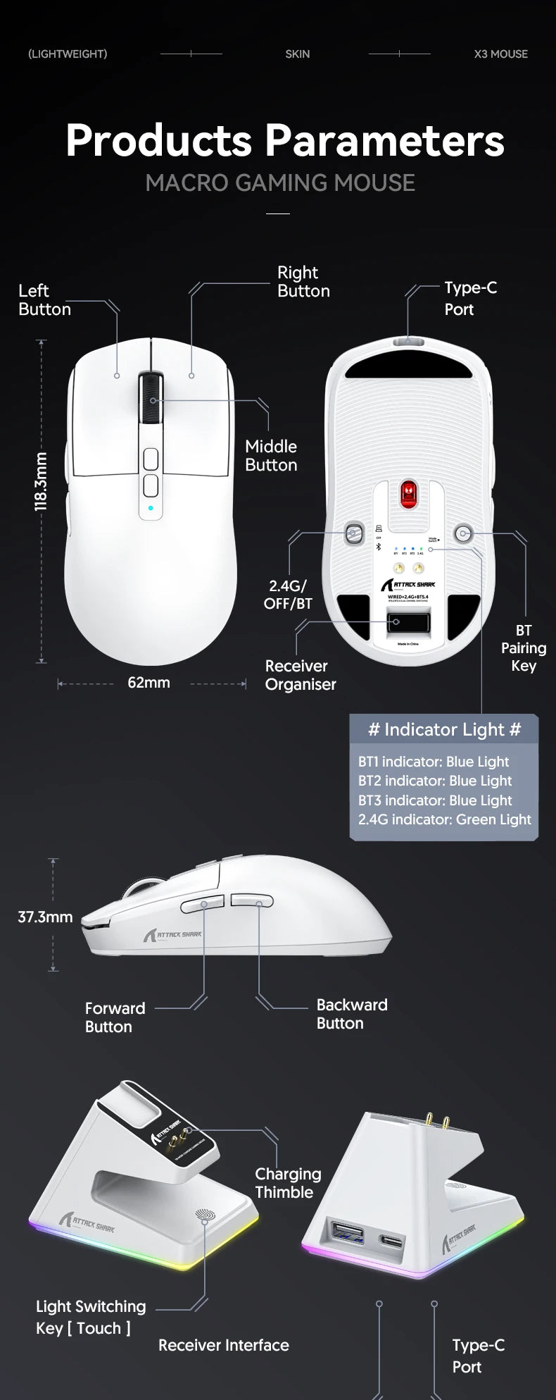 X6 PAW3395 Bluetooth Mouse , Tri-Mode Connection, RGB Touch Magnetic Charging Base, Macro Gaming Mouse