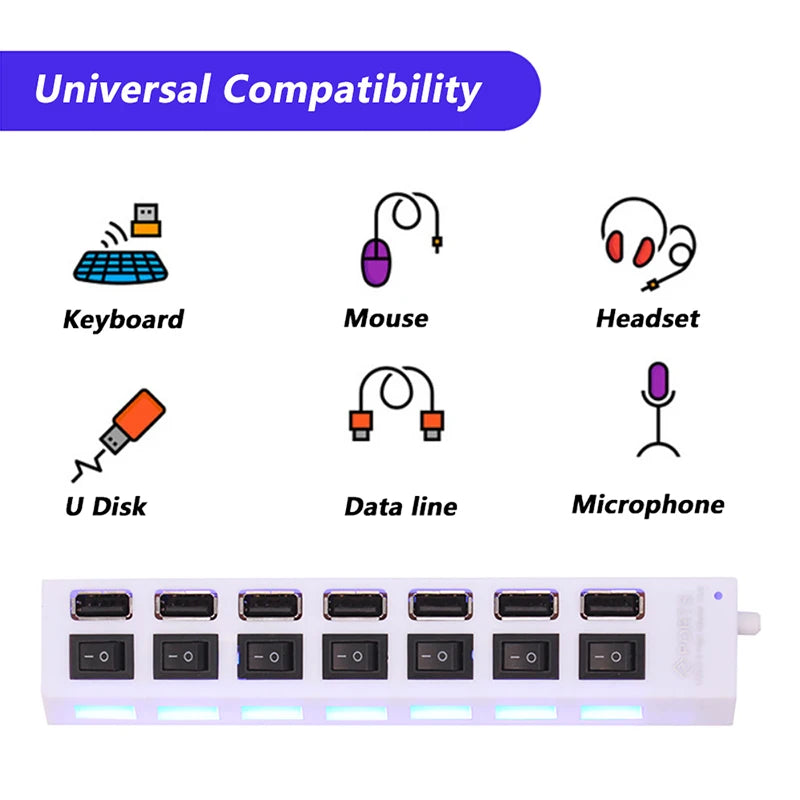 Switch Extension Hub 7-port USB2.0 Hub Computer USB Extension Hub One Drag Seven USB2.0 Splitter PC Laptop Desktop