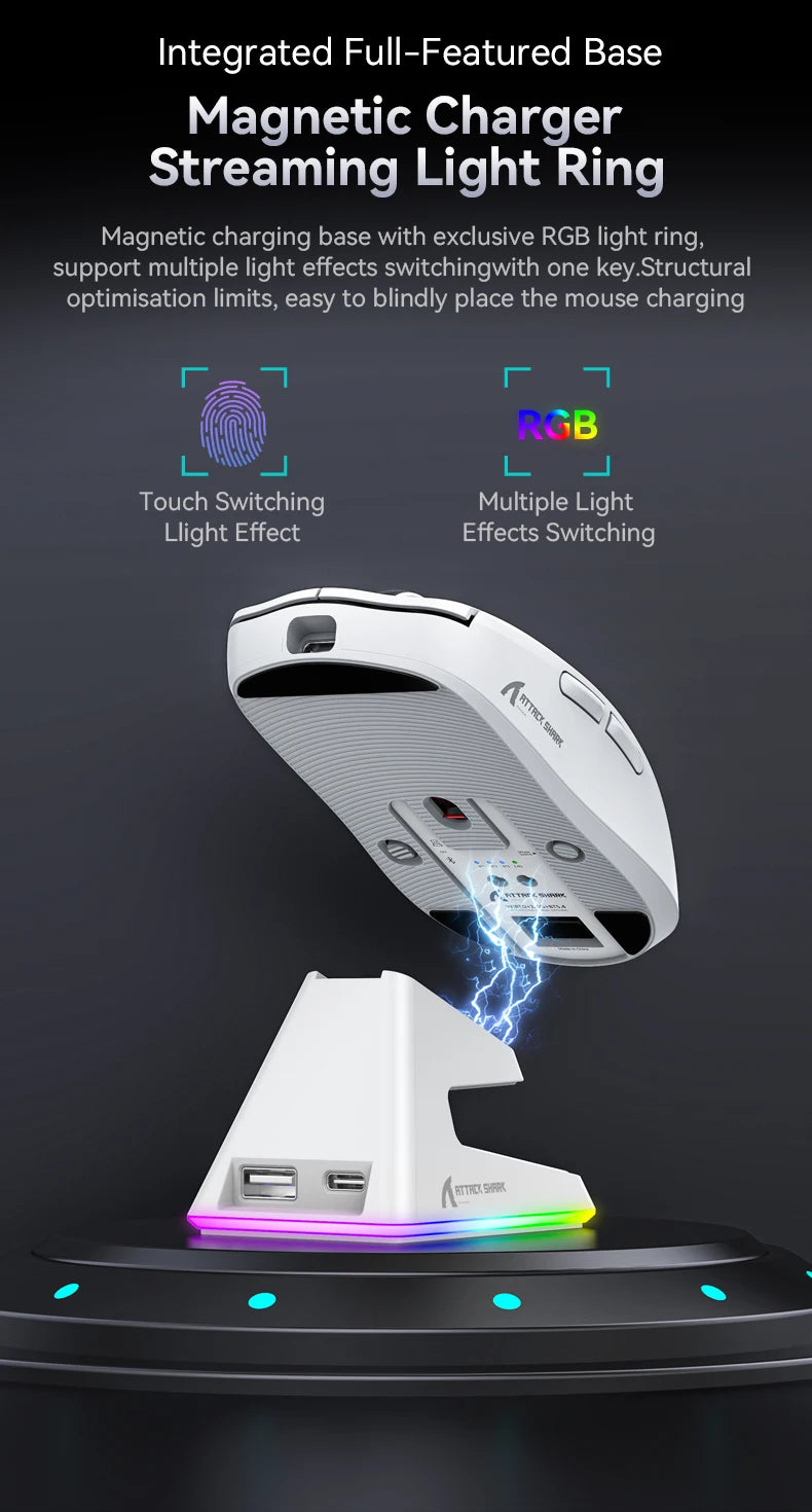 X6 PAW3395 Bluetooth Mouse , Tri-Mode Connection, RGB Touch Magnetic Charging Base, Macro Gaming Mouse