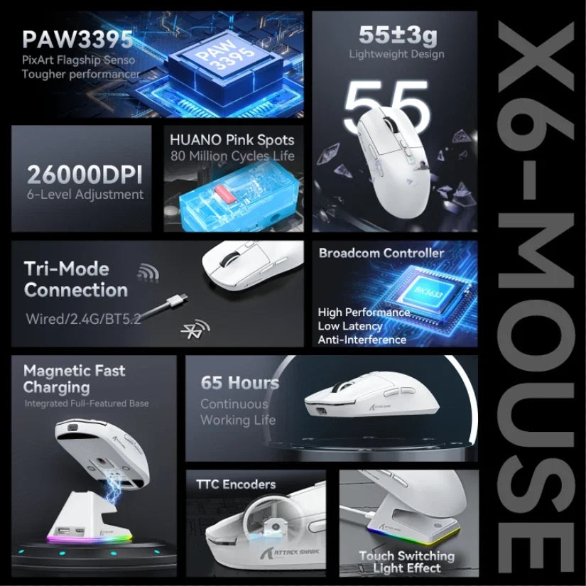 X6 PAW3395 Bluetooth Mouse , Tri-Mode Connection, RGB Touch Magnetic Charging Base, Macro Gaming Mouse